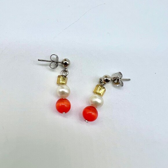 Handmade Orange Bead Faux Pearl Necklace & Earrings Set Gold Accents - Picture 4 of 11